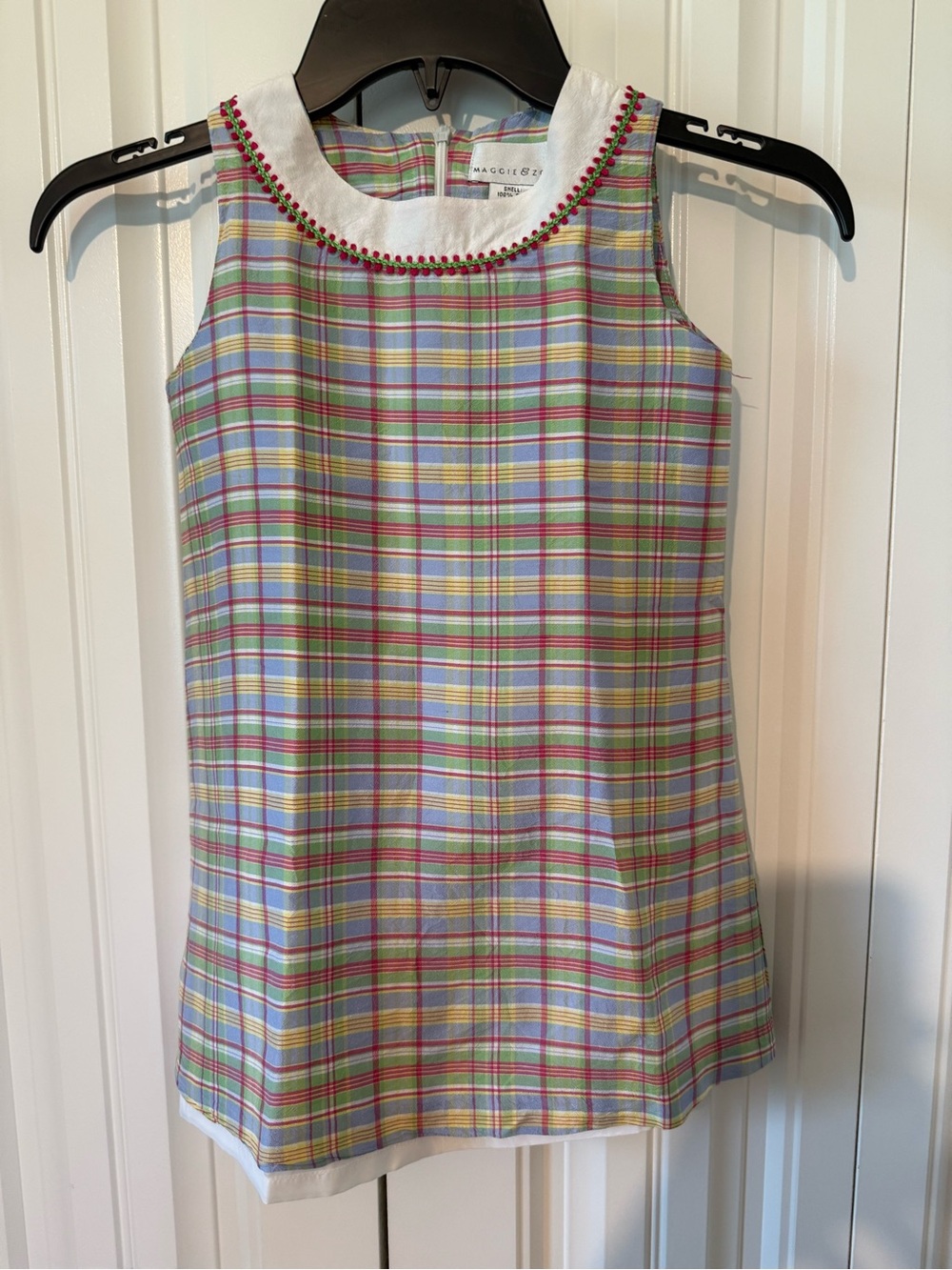 Maggie & Zoe Girls' Silk Pastel Plaid Sleeveless Dress Top - White Trim